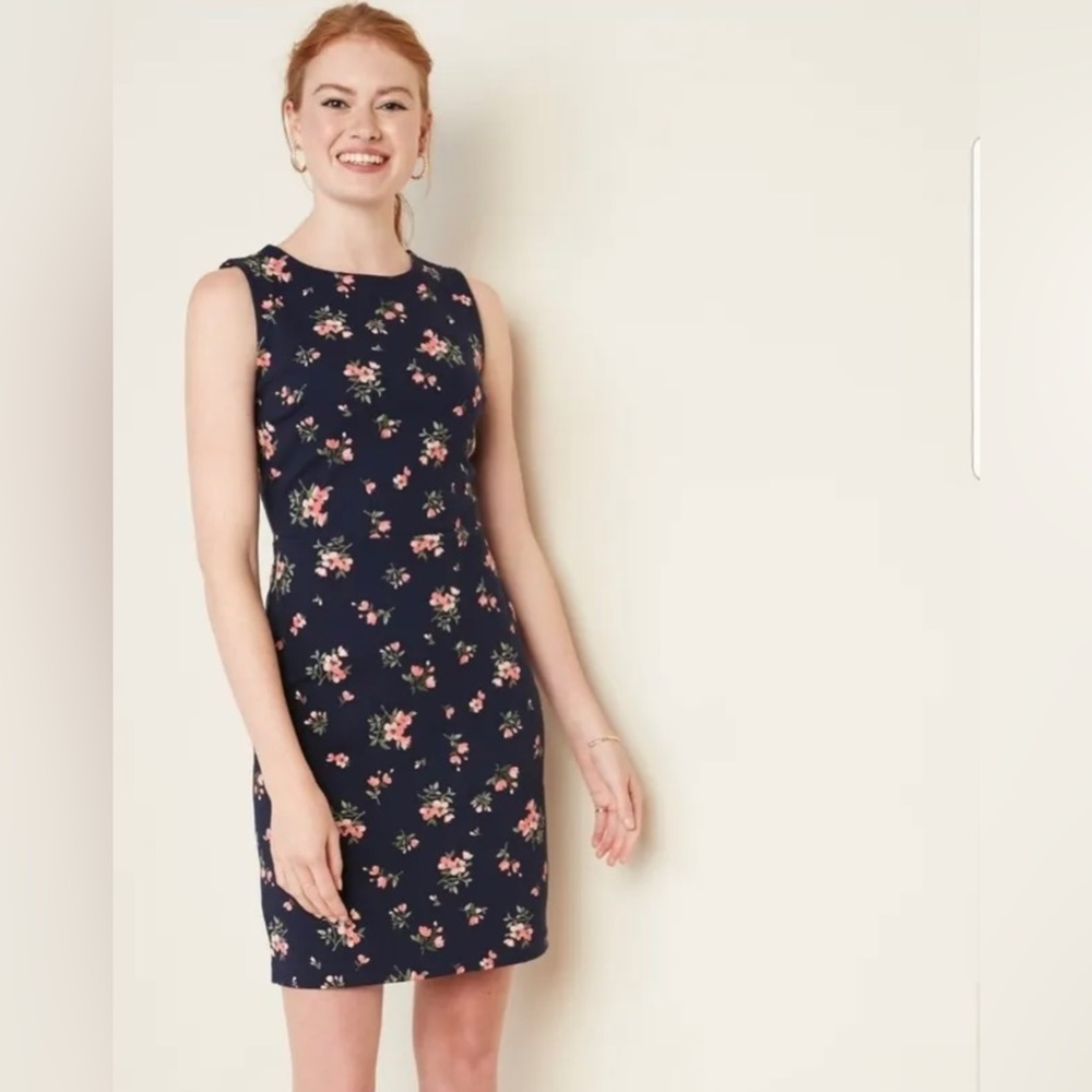 Old Navy Sleeveless Ponte Knit Blue Floral Sheath Dress XL